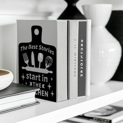 5.3"x4.3"x7.9" Metal Bookends, Heavy Duty Book Ends for Shelves | Cutting Board Theme Cast Iron Book Supports, 1 Pair Decor Stoppers for Desk, Library, Office & Home Shelves - style: Cutting Board