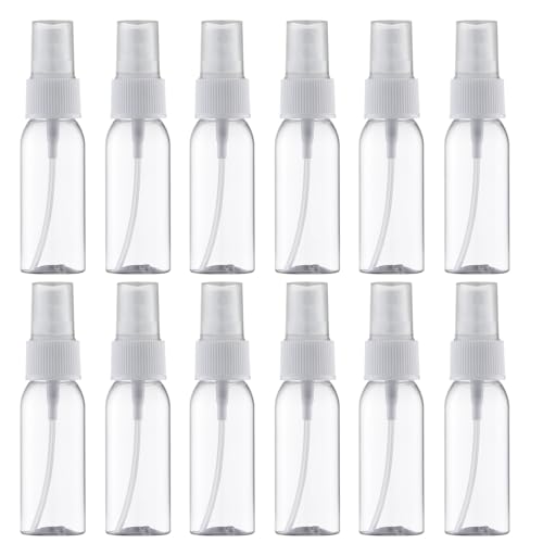 1oz Small Spray Bottle (12 Pack), Mini Travel Size Plastic Sprayer | 30ml empty atomizer bulk, fine mist, clear water pump, refillable watercolor mister set, portable spritzer, TSA, leak proof - color: Clear&White (12pcs)