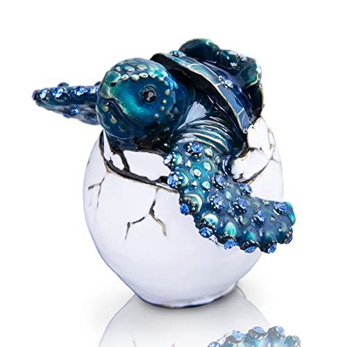 YU FENG 2.6 Inch Hatching Turtle Trinket Box, Crystal Hinged Jewelry Holder | Vintage Enamel Finish, Sparkling Crystal Accents, Baby Turtle Figurine, Ring Storage Box, Collectible Gift for Her - color: blue