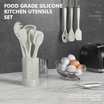 AOTHOD Silicone Cooking Utensils Set - 446°F Heat Resistant Silicone Kitchen Utensils,Spatula,Spoon, Kitchen Utensil Sets Gadgets Tools Set for Nonstick Cookware,Dishwasher Safe Bpa Free (Cream White) - color: Cream White