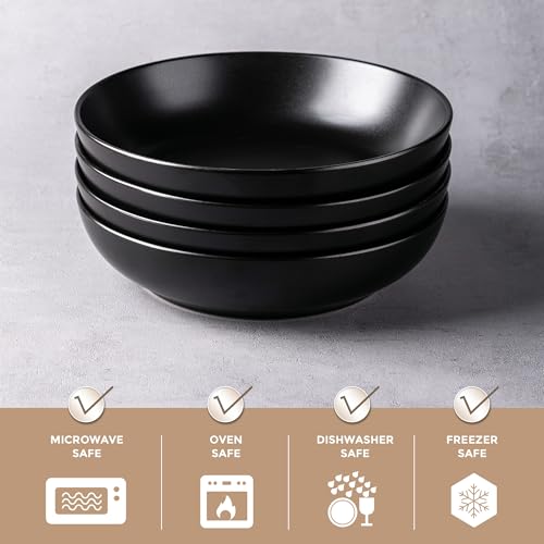 AmorArc 8.5 Inch Stoneware Pasta Bowls of 4, 32oz Large Bowls Set | Matte Black Wide Bowls for Kitchen Pasta,Salad,Oatmeal, Microwave&Dishwasher Safe - size: Set of 4