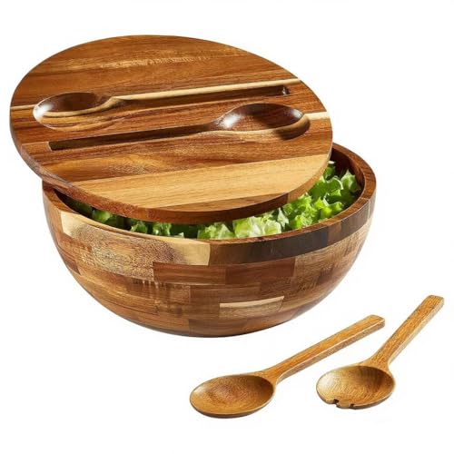 JOYMAY Salad Bowls Wood Salad Bowl Set with Lid 11.8 Inch Large Wooden Bowls Set Acacia Wood Serving-Bowl with Serving Utensils Bowl for Kitchen, Dining, Party - color: 11.8 Inch Large Wooden Bowls