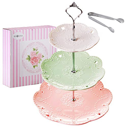 Jusalpha 3-Tier Multi Color Porcelain Dessert Stand-Cupcake Stand | Tea Party Serving Platter with Silver Pillar, comes with a sugar tong in a giftable box - color: Silver