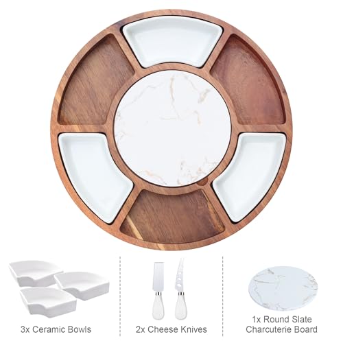 360° Rotating Lazy Susan Cheese & Charcuterie Board Set - 13.5" Acacia with Built-in Slate Chiller, 3 Ceramic Bowls & 2 Cheese Knives - Housewarming, Birthday & Wedding Gift - size: Round 13.5" Lazy Susan