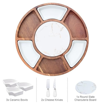 360° Rotating Lazy Susan Cheese & Charcuterie Board Set - 13.5" Acacia with Built-in Slate Chiller, 3 Ceramic Bowls & 2 Cheese Knives - Housewarming, Birthday & Wedding Gift - size: Round 13.5" Lazy Susan