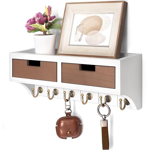 Rebee Vision Key Holder Wall Mount for Home Decor, White & Retro Brown | Key Holder for Wall, Mail Organizer for Wall, 6 Key Hooks, 2 Drawer Organizer, key Hanger, Apartment Organization Essentials - color: White & Brown, style: 2-Drawer