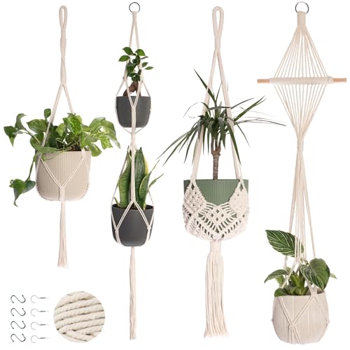 4-Pack Macrame Plant Hangers with 8 Hooks - Hanging Planters for Indoor Plants, Boho Macrame Hangers Indoor Outdoor, Decorative Plant Hanger Indoor (Cream) - color: Cream