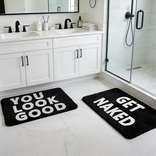 2PCS Get Naked Bath Mat & You Look Good Bath Rug, Funny Bathroom Rug Set | Black-and-White Microfiber Rugs, 16 X 24 In Each; Absorbent Pile, Non-Slip TPR Backing, Machine Washable For Samll Bathrooms - color: Black and White