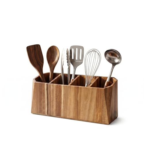 Extra Large Kitchen Utensil Holder for Countertop – Acacia Wood Utensil Holder with 4 Compartments, Beveled Edges, Non-Slip Pads & Drain Hole – Rustic Farmhouse Kitchen Countertop Storage Caddy - size: 4 Compartment