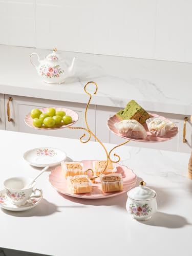 Sweejar 3 Tier Ceramic Cake Stand Wedding, Dessert Cupcake Stand for Tea Party Serving Platter (Milk Pink) - color: Milk Pink