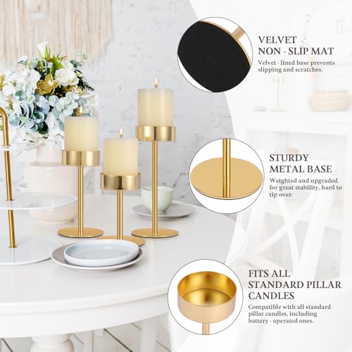 Pillar Candle Holders Set of 3, 3.15" Diameter Gold Candlestick Holder | for Pillar & Flameless Candles. Metal Ideal decoration for Table,Fireplace,Living,Dining Room,Perfect for Wedding,House Gift