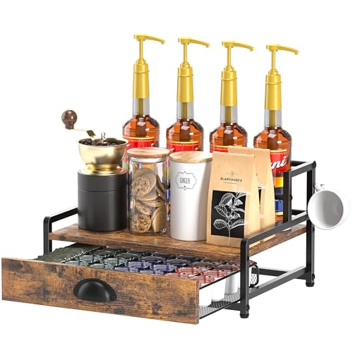Coffee Syrup Rack Organizer, Coffee Pod Holder for Countertop, 8 Syrup Bottles Stand with Storage Drawer for 35 K Cups, Coffee Pod Drawer for Coffee Station, Home, Kitchen, Office, Dorm, Rustic Brown - color: 2tier & Rustic Brown