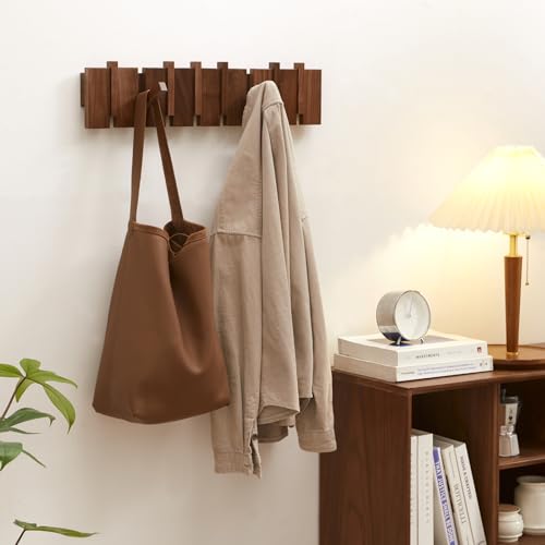 Wood Coat Rack Wall Mount, Coat Hooks Hanger Wall Mounted, Heavy Duty Wall Coat Rack with 6 Hooks for Hanging Coats/Keys/Hats/Robe&Towels/Plants/Bags, Walnut - size: 6 Hooks