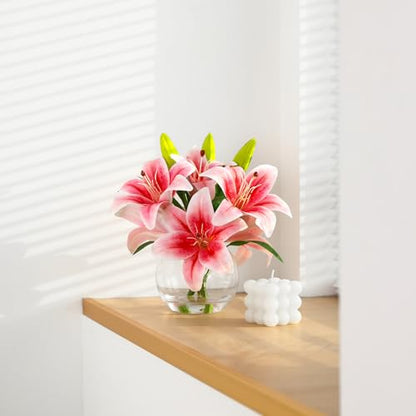 Artificial Tiger Lily Arrangement in Glass Vase, Realistic Touch Silk Flowers, FakeLilies with Faux Water - color: Light Pink