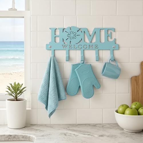 Beach Key Holder Wall Mount Turquoise Blue Sand Dollar Metal Welcome Home Key Hook with 5 Hooks Coastal Blue Hanger Coat Rack Nautical Wall Decor for Entryway Bathroom Living Room 9.8 Inch - style: Starfish Beach