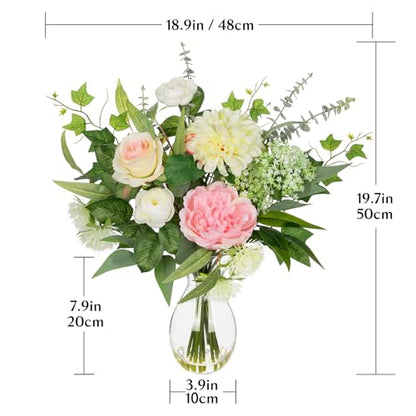 Briful Artificial Floral Arrangement with Faux Water – 19.7” Tall Mixed Peony, Rose, Dahlia & Eucalyptus Fake Flowers in Vase – Faux Flower in Glass Vase for Home Table Centerpiece Decoration