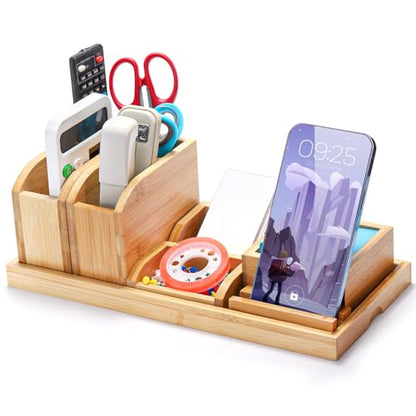 Cididu Bamboo Vanity Tray, 7 Pieces Adjustable Pen Holder Stationery Caddy, Bathroom Vanity Organizer Set, Sturdy Countertop Desk Tray Storage Boxes Office Supplies for Makeup Small Items Home Kitchen
