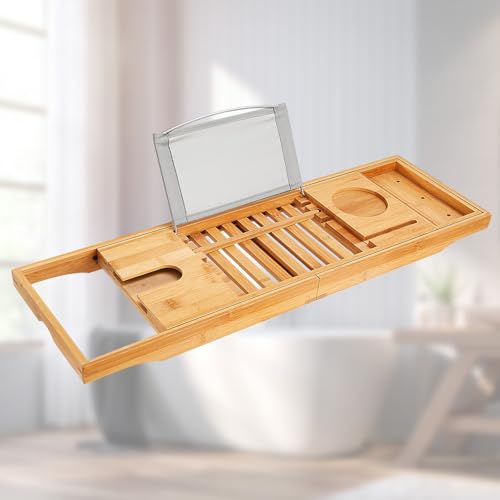 Premium Bamboo Bathtub Tray Caddy, Bath Tub Trays Table for Bathtub, Expandable Bath Caddy Tray, Bathtub & Bathroom Accessories for New Home, Anniversary and Wedding Gifts for Couple
