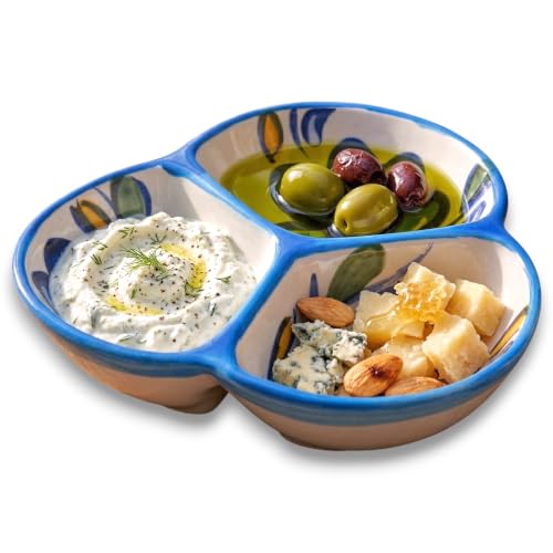 3-Compartment Ceramic Serving Dish, Handmade in Spain | 7.5” divided chip and dip bowl with lead-free glaze, microwave, oven and dishwasher safe, ideal for tapas, snacks and sauces - color: Blue Daisy