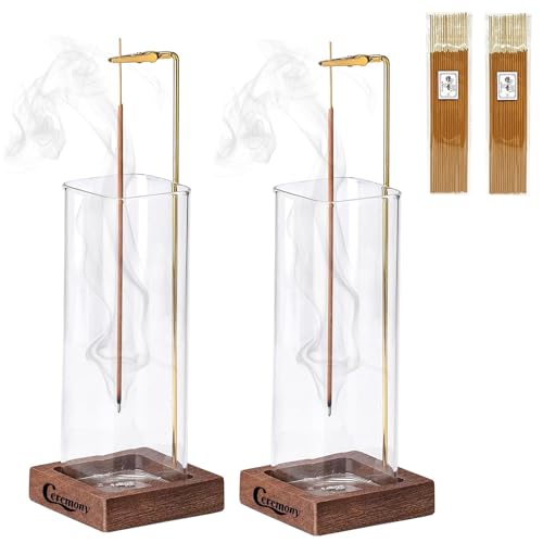 Ceremony Incense Holder,2 Pack Wood Incense Holder for Sticks with Glass Ash Catcher Ceremony Incense Holder - color: 2 Pcs Wooden Square