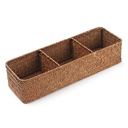 Seagrass Storage Basket Woven Shelf Baskets for Bathroom Vanity Dresser Organizer 14.6inch x 4.7inch x 3.1inch - color: 3 Section without Lid