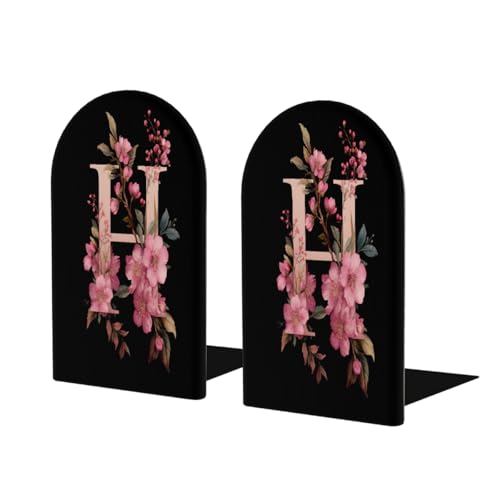Wood Book Ends for Shelves Boho Flower Letter H On Black Bookends for Heavy Books CDs Organizer Decorative Wooden Book Stopper Holders for Home Office Desk,5.1x3.1x4in Set of 2 - color: Floral H, size: 5.1x3.1x4inx2PCS