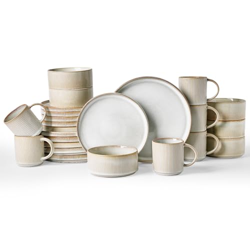 Famiware Star Dinnerware Sets with Mugs, Ceramic Plates and Bowls Set for 6 | 24-Piece Stoneware Dishes. Chip & Scratch Resistant. Microwave & Dishwasher Safe, Everyday & Formal Dining, Cappuccino White - color: Cappuccino White, size: Service for 6 with