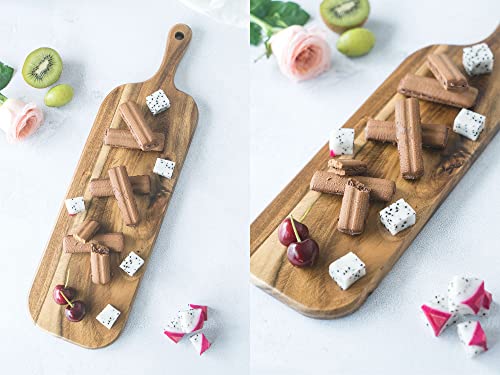 BILL.F Acacia Wood Cutting Board with Handle Small Size Long Wooden Charcuterie Board Paddle Cheese Board Serving Boards for Kitchen Meat, Pizza,Cheese, Bread, Vegetables &Fruits 16'' x 4.7'' x 0.6'' - style: Small