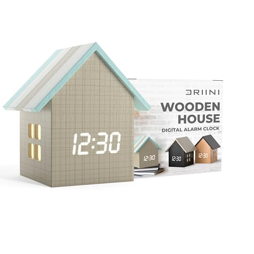 Driini Digital House Shaped Alarm Clock with Temperature Display (Stripe Wood) – Modern Aesthetic - Cute Cube Frame and White LED Dimmer - Perfect Large Desk Clock for Bedside Table or Bedroom Mantle - color: Textured Wood; Striped Roof, size: Large