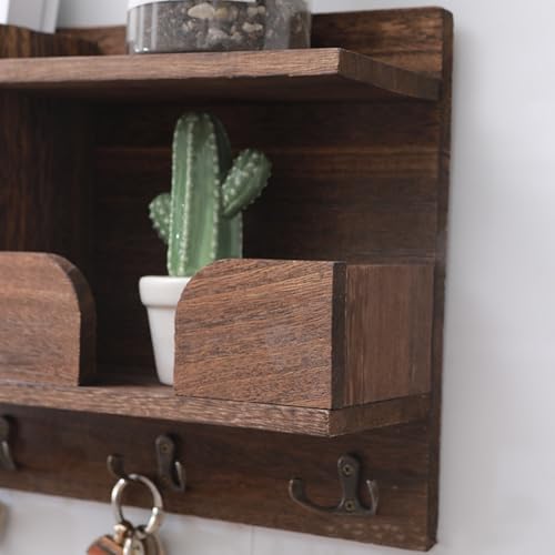Key Holder Wall Mount, Wooden Organizer Wall Mount with 4 Double Hooks and Wallet Holder, Sunglasses and Mail Storage Rack for Entryway or Mudroom - Brown