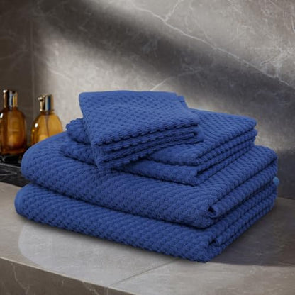 COTTON CRAFT Euro Spa Waffle Weave 6 Piece Towel Set - 100% Cotton - Blue | 2 Oversized Luxurious Large Bath Towels, 2 Hand Towels, 2 Washcloths - Soft Plush Super Absorbent Low Lint Quick Dry - color: Blue, size: 6 Piece Towel Set