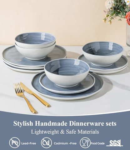 LERATIO Ceramic Dinnerware Sets for 4,12-Piece Plates and Bowls Set | Handmade Wavy Edge porecelian Dish Set,Oven & Microwave,Dishwasher Safe,Scratch Resistant- - size: Service for 4