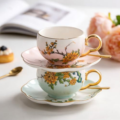 KAMMAK Tea Cups and Saucers Set of 2, Porcelain Coffee Cups, NX039 | Gold Rim, Stackable Espresso Mugs, Ceramic Demitasse for Coffee, Latte, Americano, Afternoon Tea, Elegant Gift for Women - size: 8CZNX039+40