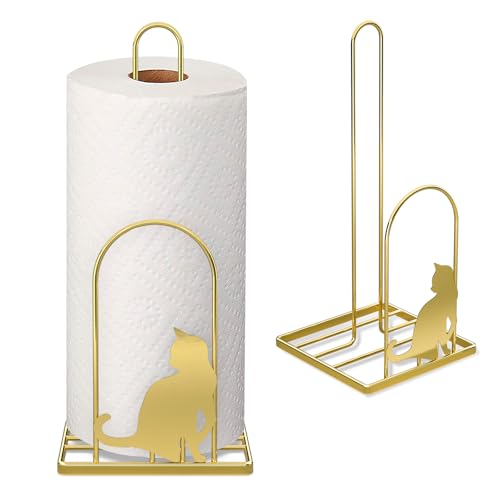Paper Towel Holder for Countertop, Kitchen Paper Towel Stand with Cat Pattern Decoration，Fit Standard Jumbo Roll in Dining Table or Bathroom, Toilet Paper Dispenser with Heavy Duty Base (Gold) - color: Golden