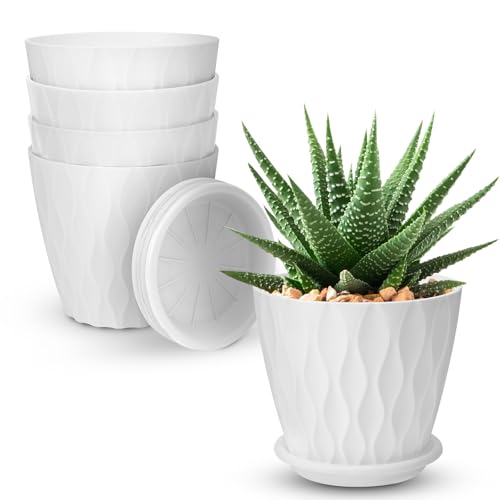 YNNICO 4 inch Plant Pots, 5 Pack Flower Pots Outdoor Indoor, Planters with Drainage Holes and Tray Saucers（White） - color: White, size: 4 inch