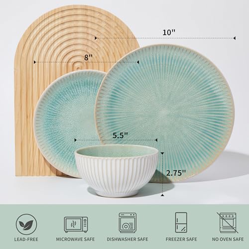 Ceramic Dinnerware Sets for 4, 12pcs Plates and Bowls Sets Dish Set | Stoneware Dishware sets, Microwave & Dishwasher Safe, Cereal Bowls and Dinner Plates Set, Stackable Dishes Set, Green - color: Embossed Green, size: Set (12pcs)