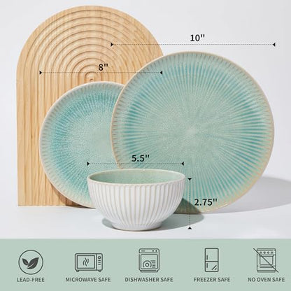Ceramic Dinnerware Sets for 4, 12pcs Plates and Bowls Sets Dish Set | Stoneware Dishware sets, Microwave & Dishwasher Safe, Cereal Bowls and Dinner Plates Set, Stackable Dishes Set, Green - color: Embossed Green, size: Set (12pcs)