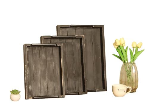 3Pc Rustic Black Vintage Nested Wood Serving Trays, Decorative | Accent Trays for Eating on Couch Breakfast, Party, Kitchen,Ottoman,Tea Coffee Table Large - color: Rustic Black, size: 3Pc