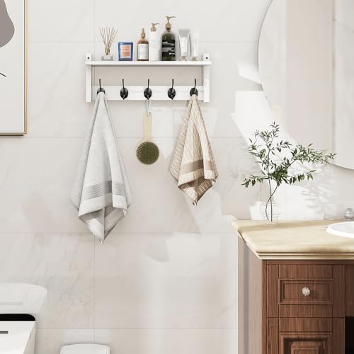 Wall Shelf with Hooks, Coat Rack Wall Mount with Pegs, Hanging Entryway Coat Hanger, Wood and Iron Shelf for Bathroom, Hallway, Bedroom, White - color: White, size: 17.1 Inch Long