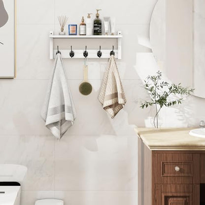 Wall Shelf with Hooks, Coat Rack Wall Mount with Pegs, Hanging Entryway Coat Hanger, Wood and Iron Shelf for Bathroom, Hallway, Bedroom, White - color: White, size: 17.1 Inch Long