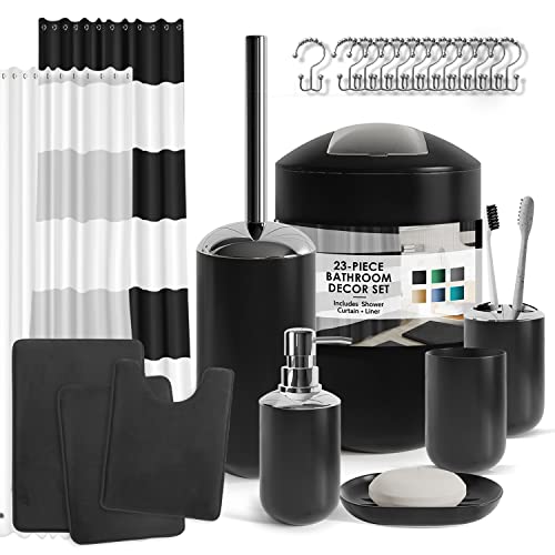 Clara Clark Bathroom Set - Black Bathroom Accessories Set, Bathroom Sets with Shower Curtain and Rugs, 23PC Shower Curtain Set with Liner, Soap Dispenser, Toilet Brush, & Trash Can - color: Black, size: Complete Set + Bath Rugs