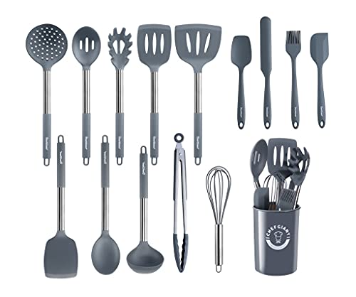 Silicone Cooking Utensils Set - Stainless Steel Handle, 15 Piece Kitchen Utensil Sets | Nonstick, Heat Resistant, BPA Free & Dishwasher Safe | Grey - color: Gray