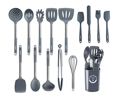 Silicone Cooking Utensils Set - Stainless Steel Handle, 15 Piece Kitchen Utensil Sets | Nonstick, Heat Resistant, BPA Free & Dishwasher Safe | Grey - color: Gray