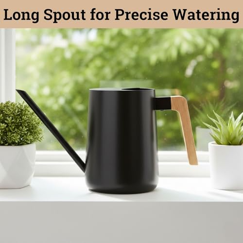 Metal Small Indoor Watering Can with Long Spout & Real Wood Handle, 35oz | Long Spout, Stainless Steel, Real Wood Handle, Gentle Flow, No Spills, Suitable for House Plants, Succulents & Seedlings - color: Black