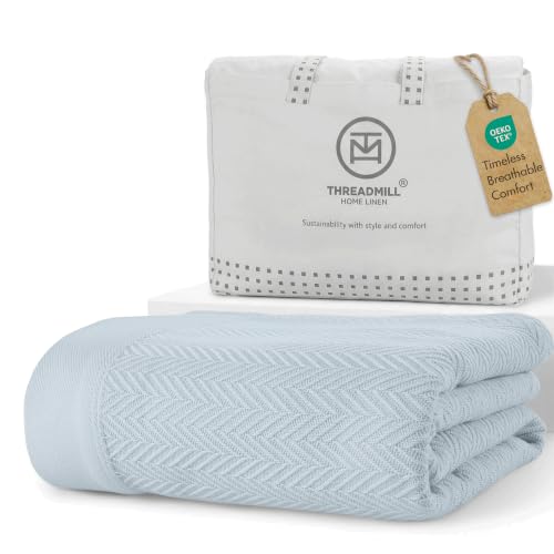 Threadmill Luxury Cotton Blankets for Queen Size Bed | All-Season 100% Cotton Queen Size Blanket | Herringbone Cozy, Soft Breathable Fall Thermal Blanket fits Full Size Bed | Light Blue | 100% Cotton, Herringbone Pattern, 90x92 in, Breathable, Moisture-Wi