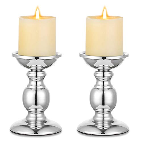 NUPTIO Silver Pillar Candle Holders: Metal Candle Stand for 3" Candles | (2 x S) Metal Candle Holder for Wedding Centerpiece Special Events Party Living Room Fireplace Table Decor - color: Silver, size: S + S