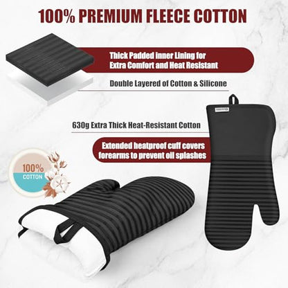 Oven Mitts and Pot Holder Sets with Silicone Grip, 500°F Heat Resistant-6 Pack Dishcloth/Dish Towels for Kitchen 100% Cotton-Value Kitchen Essentials for Cooking, Baking, Grilling-Black - color: Black