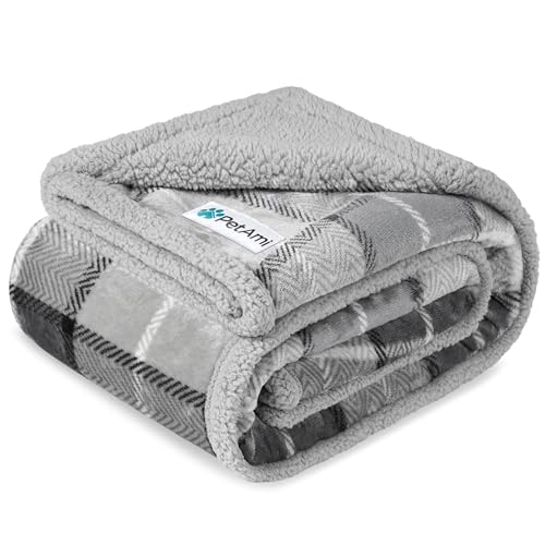 PetAmi Waterproof Dog Blanket for Medium Large Pet, 60x40, Plaid Light Grey | 460 GSM Sherpa Fleece Reversible, Pee Proof Cat Throw, Furniture Protector Cover for Couch Bed Sofa Kennel, Washable, Large - color: Plaid Light Grey, size: Large 60 X 40 Inches