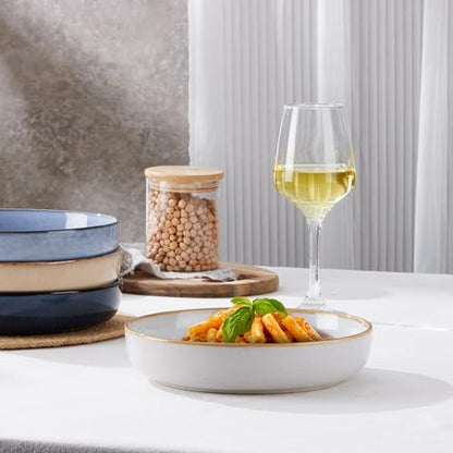 E-far 35oz Stoneware Pasta Bowls Set of 4, Double Reactive Glaze | Wide & Shallow Ceramic Pasta Plates for Serving Salad Soup Dinner, Dishwasher & Microwave Safe, Multicolor - color: Multicolor