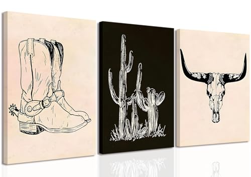 Vintage Western Wall Art Set of 3 Framed Southwestern Cowboy Boots Cactus Longhorn Skull Wall Decor Canvas Prints Pictures Large Rustic Ranch Farmhouse Artwork for Living Room Bedroom 16x24 Inch - color: Western Cowboy canvas, size: 24L"x16W"